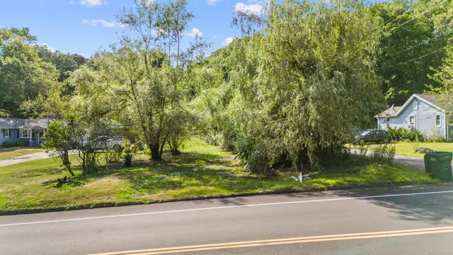 a view of a yard with large trees