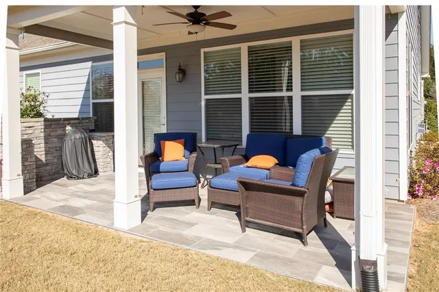 a building outdoor space with patio furniture