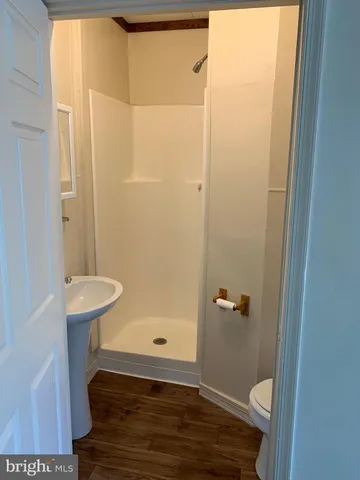 a bathroom with a toilet and a shower