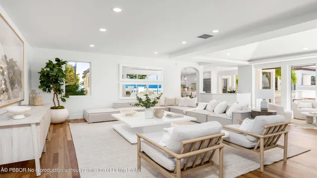 a living room with furniture potted plant and a large mirror