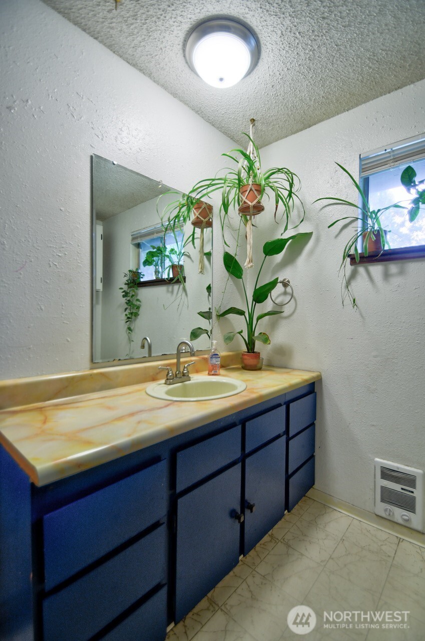 8548 178th Avenue Southwest Rochester, WA 98579 - Photo 18 of 30 a bathroom with a granite countertop sink a large mirror and a potted plant