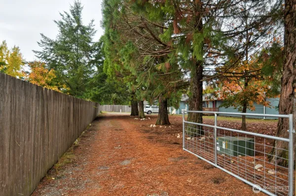 a view of a yard with wooden fence and trees