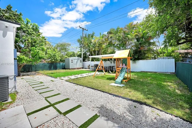 a backyard of a house with plants and large tree