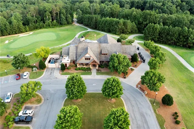 a view of a swimming pool and mountains
