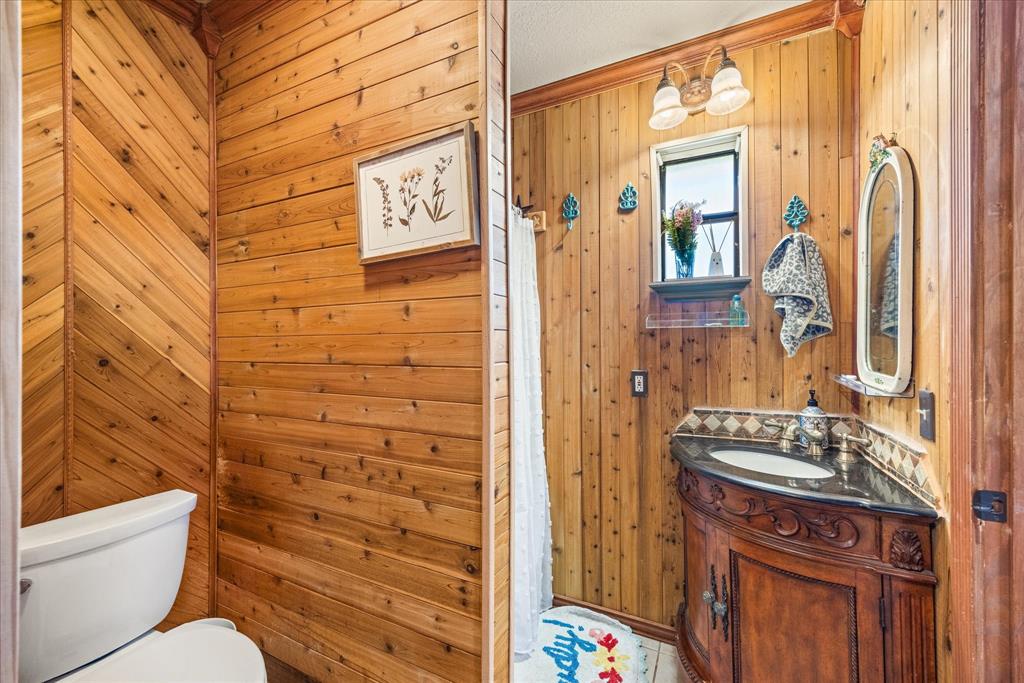 614 Overhill Road Granbury, TX 76048 - Photo 9 of 40 a bathroom with a granite countertop sink a toilet and shower