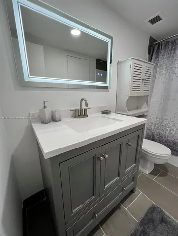 a bathroom with a sink a toilet and mirror