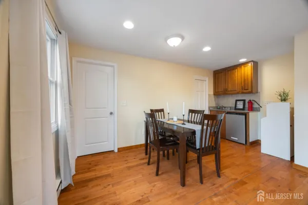 a view of a dining room with furniture