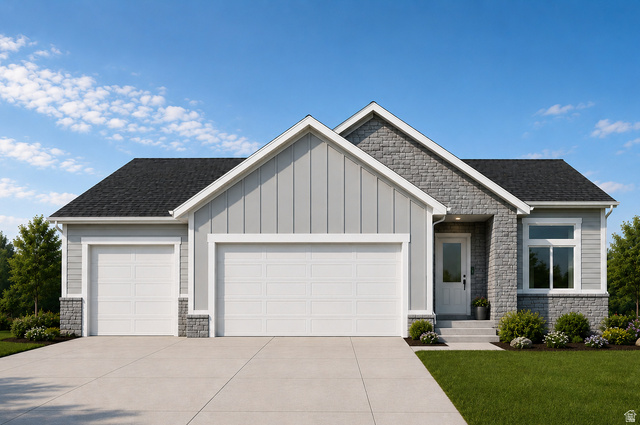 1848 Mantle Way, Unit 417 Tooele, UT 84074 - Photo 1 of 6 Contemporary ranch-style exterior featuring a combination of horizontal siding, vertical board and batten, and stone veneer accents