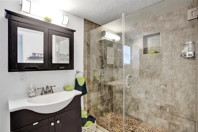 a bathroom with a sink mirror and shower