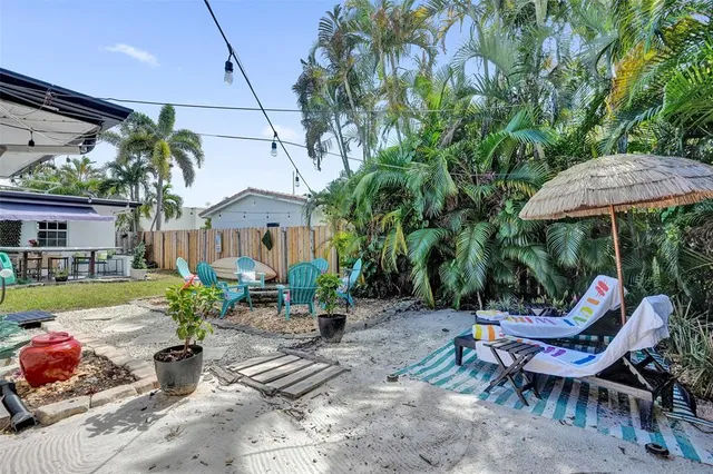 a garden view with a seating space