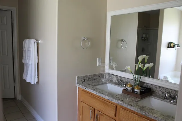 a bathroom with a granite countertop sink and a mirror