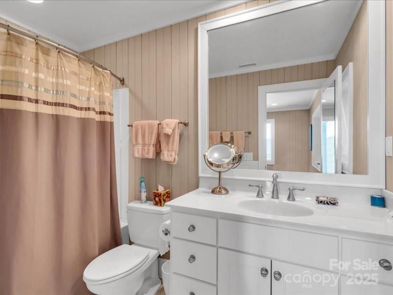 116 Dana Road Waynesville, NC 28786 - Photo 34 of 42 a bathroom with a sink a toilet a mirror and shower curtain