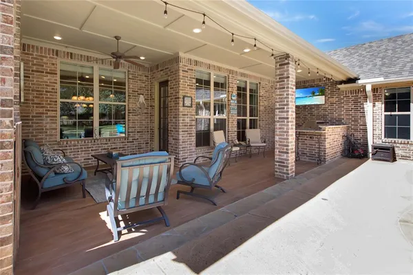 a porch with seating space