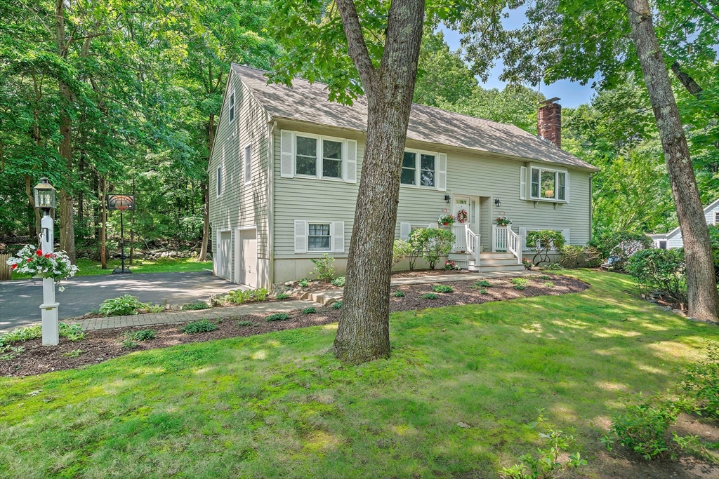 a backyard of a house with table and chairs plants and large tree