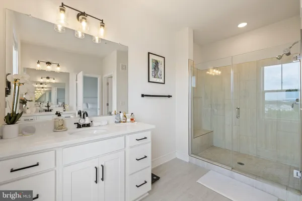 a bathroom with a double vanity sink mirror and shower