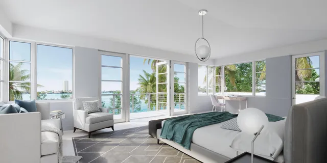 a bedroom with bed and glass windows