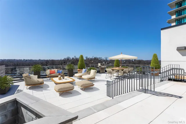 a view of a roof deck with couches