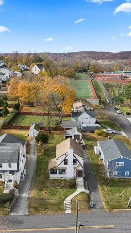 a view of a city with lawn chairs