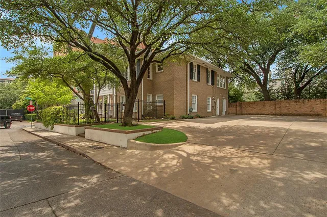 a view of road with large trees