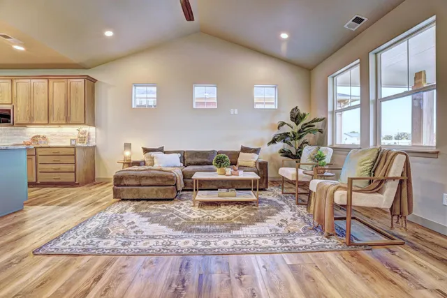 a living room with furniture and a rug