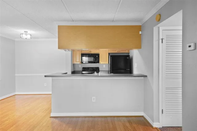 a view of a big room with wooden floor and kitchen view