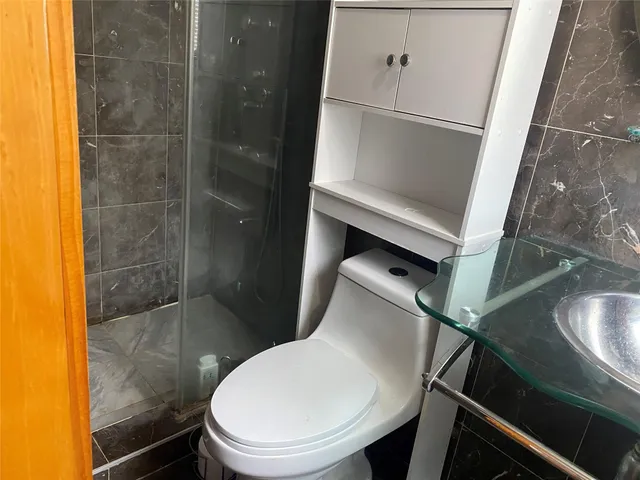 a bathroom with a toilet and a shower