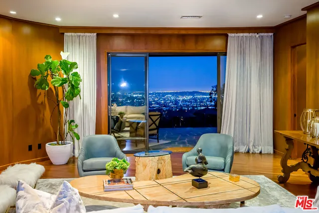 a living room with furniture a rug and a potted plant