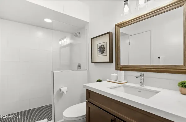 a bathroom with a sink a toilet a shower and a mirror