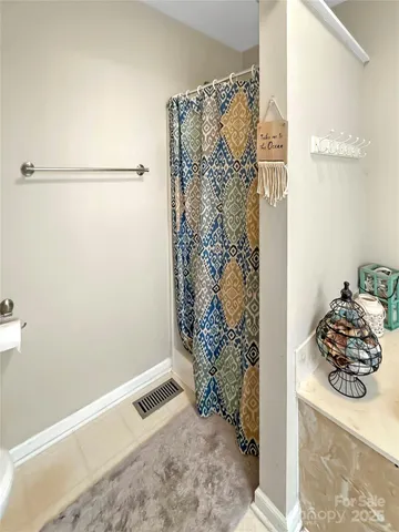 a bathroom with a shower curtain and a sink