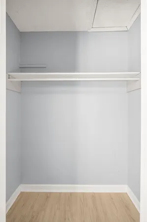 a view of a closet with wooden floor