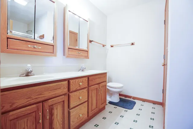 a bathroom with a sink a toilet and a mirror