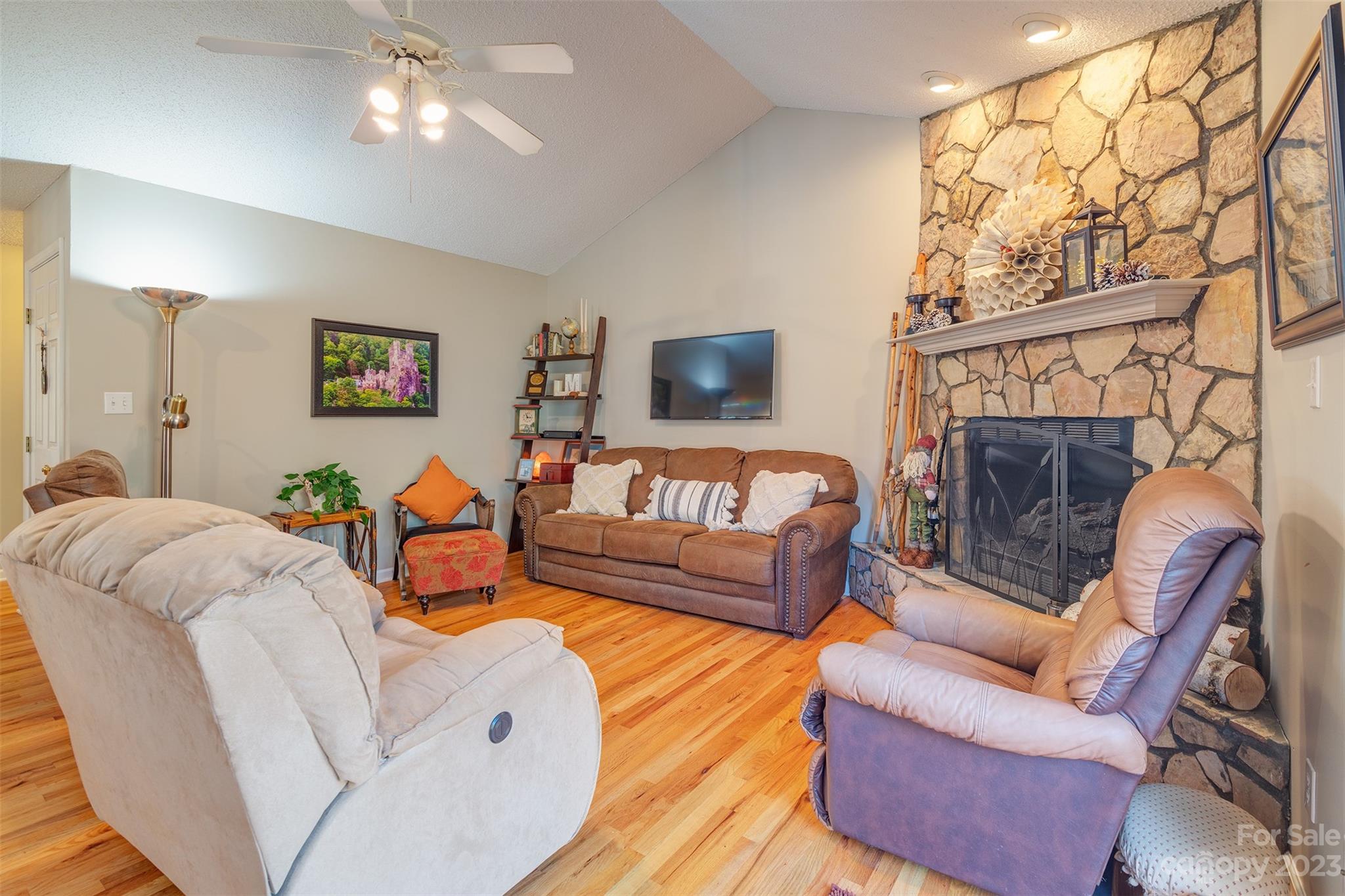 1315 Alexander Road Leicester, NC 28748 - Photo 7 of 28 a living room with furniture a flat screen tv and a fireplace