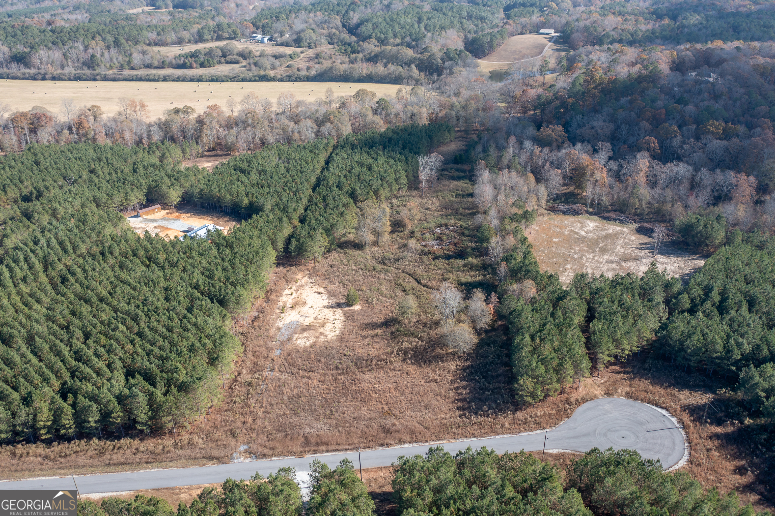 an aerial view of a house with a yard and a large pool