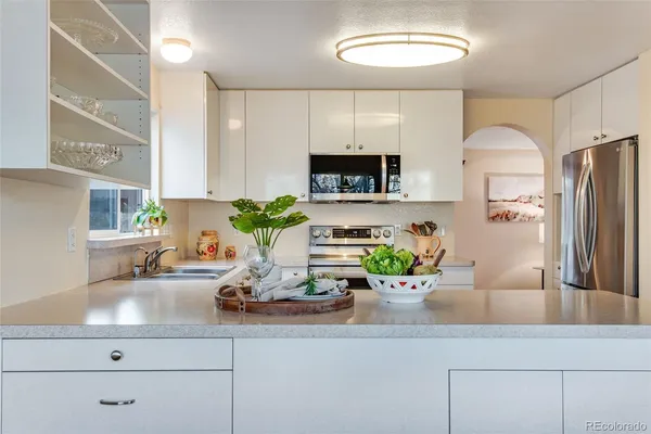 a kitchen with a potted plant on the counter and a refrigerator