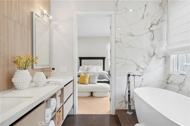 a workspace with furniture and a potted plant