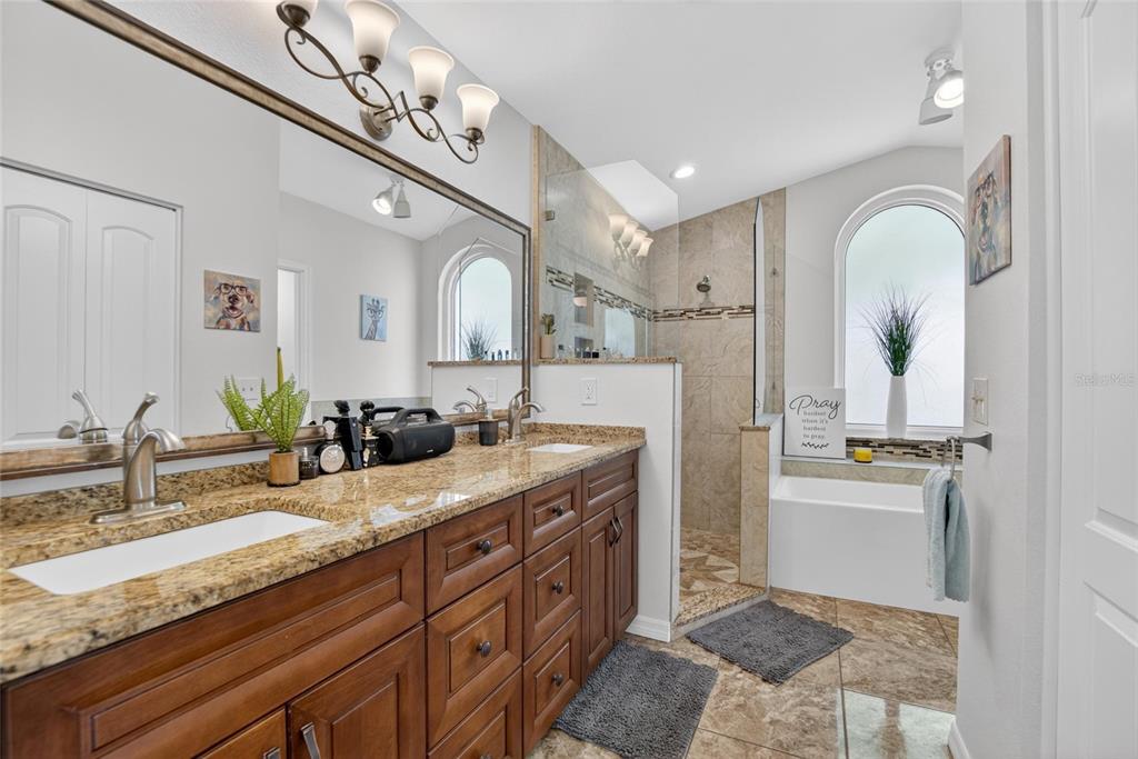 1668 Allens Ridge Drive North Palm Harbor, FL 34683 - Photo 21 of 48 a bathroom with a granite countertop double vanity sink and a mirror
