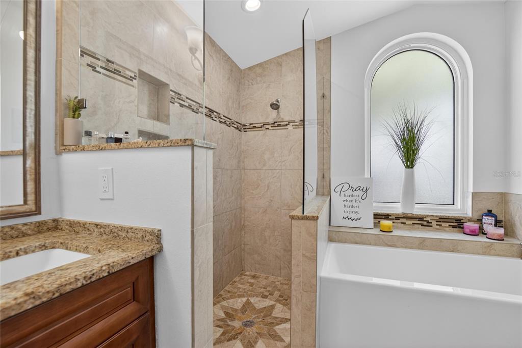 1668 Allens Ridge Drive North Palm Harbor, FL 34683 - Photo 22 of 48 a bathroom with a granite countertop sink a mirror and shower