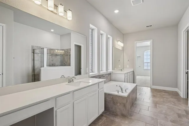 a bathroom with a double vanity sink large mirror and a bathtub