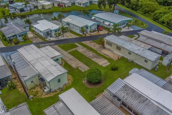 an aerial view of a house with a garden
