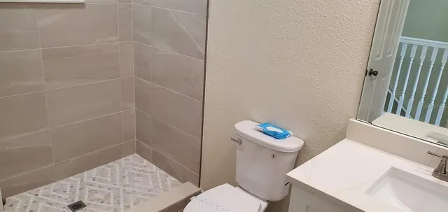a bathroom with a sink a toilet and a shower