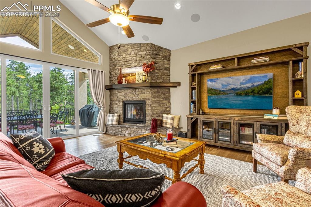 1325 Boldmere Court Monument, CO 80132 - Photo 6 of 49 a living room with furniture a flat screen tv and a fireplace