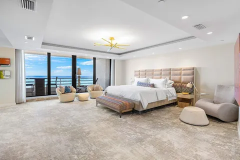 a spacious bedroom with a bed and large windows