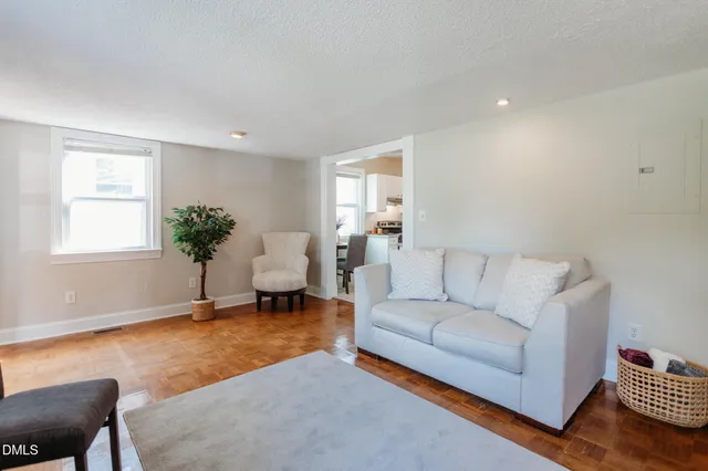 a living room with furniture and a potted plant