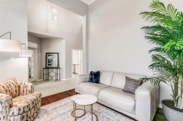 a living room with furniture and a potted plant