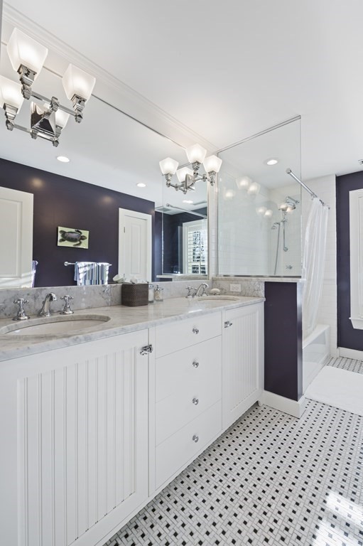9 Westledge Road Marblehead, MA 01945 - Photo 25 of 30 a bathroom with a sink vanity granite and a shower
