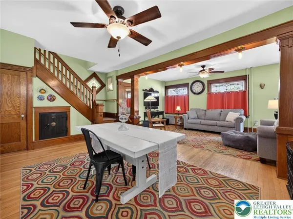 a view of a dining room with furniture