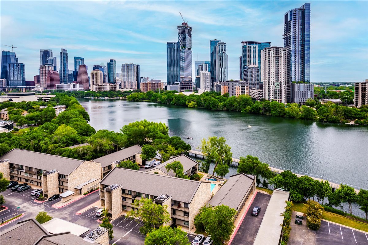 500 East Riverside Drive, Unit 264 Austin, TX 78704 - Photo 1 of 1 Birds eye view of property with a water view and a city view