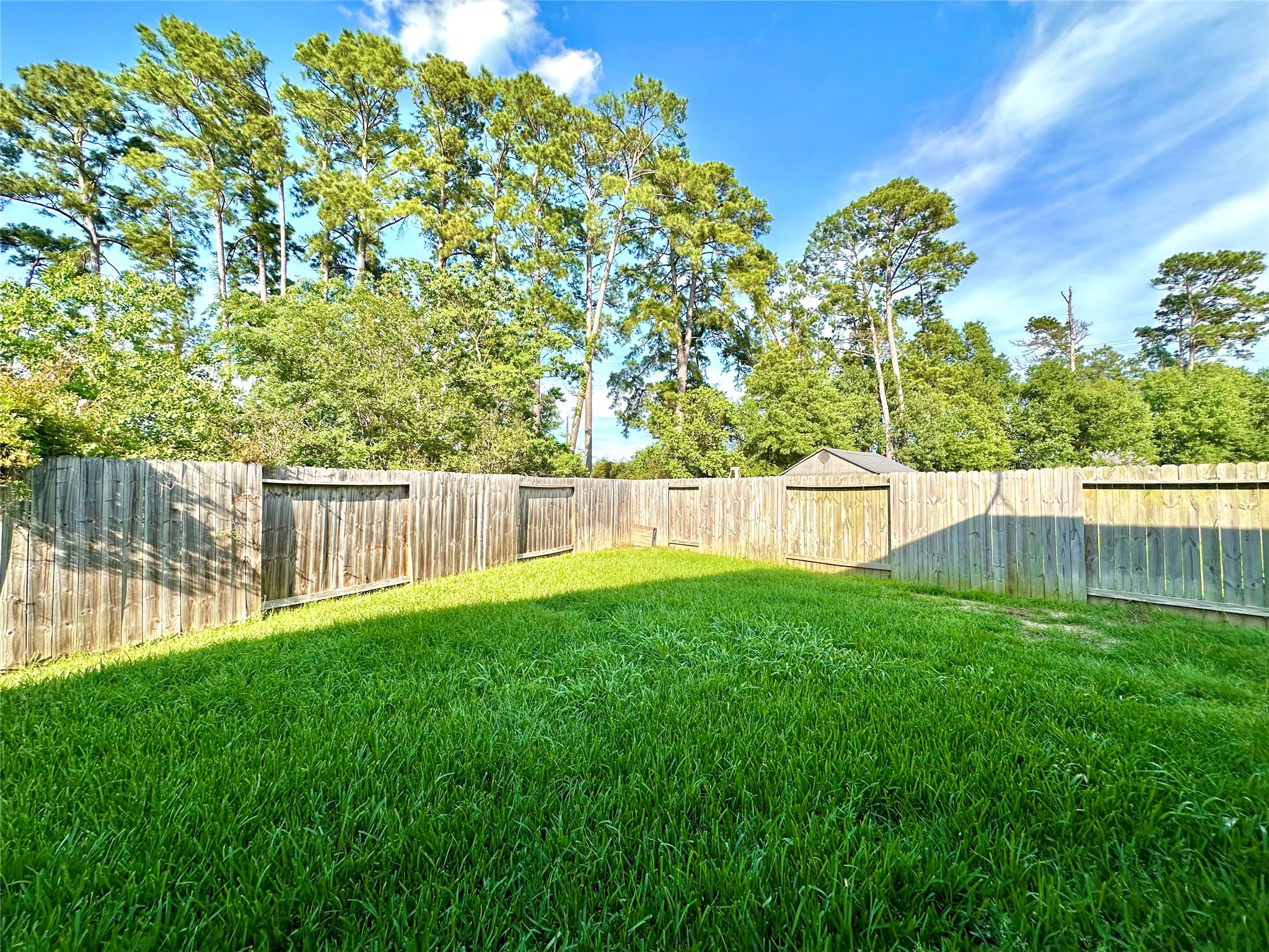 9611 Babbling Spring Court Tomball, TX 77375 - Photo 30 of 31 A spacious backyard with lush green grass, enclosed by a wooden fence and surrounded by tall trees, offering privacy and a natural ambiance.