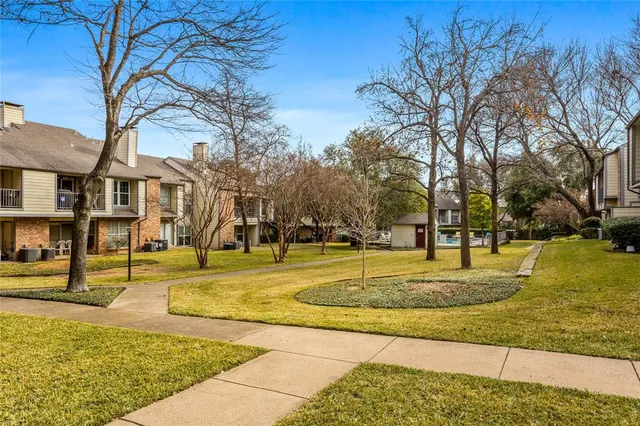 a view of a park with large trees