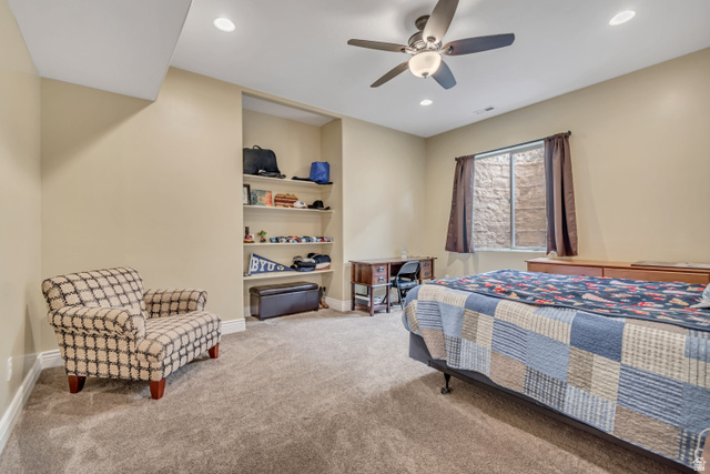 2543 East 700 South Springville, UT 84663 - Photo 55 of 73 Bedroom with light carpet, ceiling fan, and recessed lighting